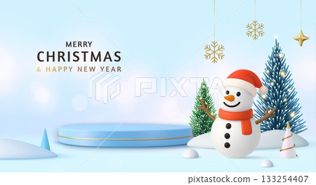 3D snowman with Christmas trees and festive greeting 3D snowman with Christmas trees and festive greeting 133254407
