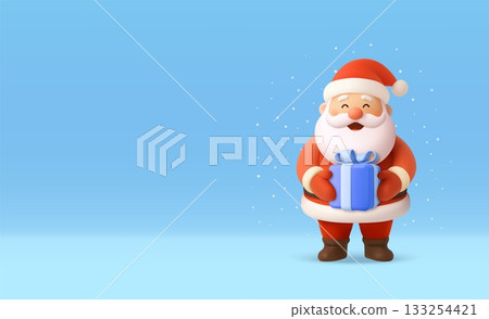 3D Santa Claus holding gift on snowy blue background 133254421