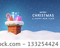 3D Christmas chimney with colorful gifts and candy cane. 133254424