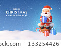 3D Santa on chimney holding gift Christmas card. 133254426