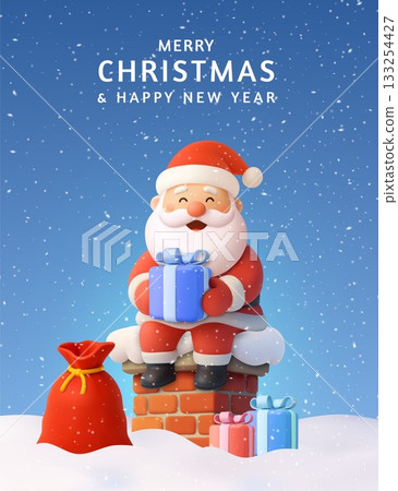 3D Santa on chimney holding gift Christmas card 3D Santa on chimney holding gift Christmas card 133254427