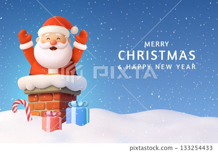 3D Santa Claus in snowy chimney Christmas greeting. 133254433