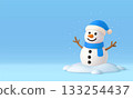3D snowman with blue hat and scarf in snowy landscape 133254437