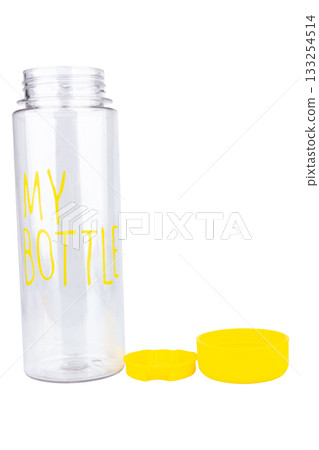 Plastic water bottle with openable cap on white background with lettering Plastic water bottle with openable cap on white background with lettering 133254514