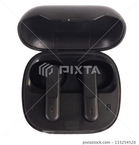 Black Bluetooth phone earphone with charging camera on white background 133254528