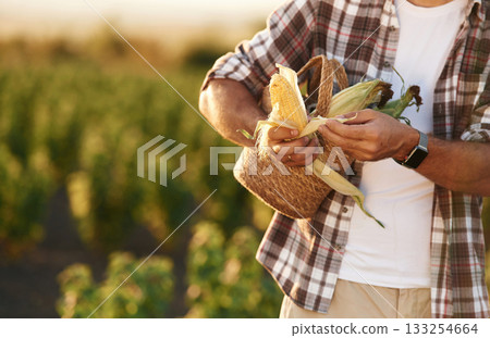 Food in hands, with corn. Farmer is on the agricultural field 133254664
