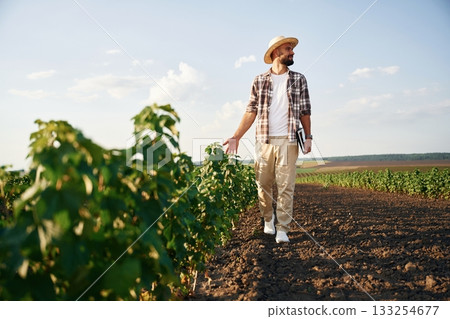View from the front of him. Farmer is on the agricultural field View from the front of him. Farmer is on the agricultural field 133254677