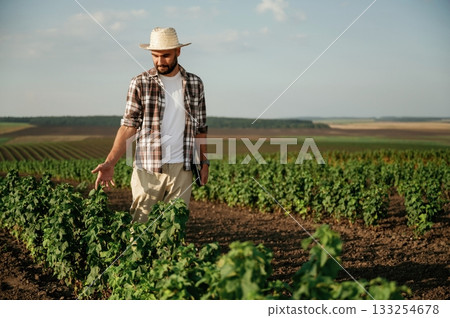 View from the front of him. Farmer is on the agricultural field View from the front of him. Farmer is on the agricultural field 133254678