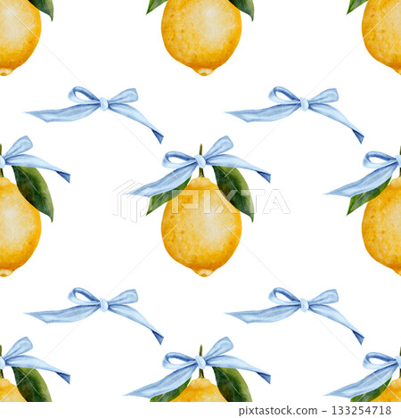 Lemon watercolor seamless pattern. Hand drawn tropical sour fruit. Clip art of juicy yellow lime. Citrus on isolated white background. Ideal for logo and packaging of natural cosmetics, household Lemon watercolor seamless pattern. Hand drawn tropical sour fruit. Clip art of juicy yellow lime. Citrus on isolated white background. Ideal for logo and packaging of natural cosmetics, household 133254718