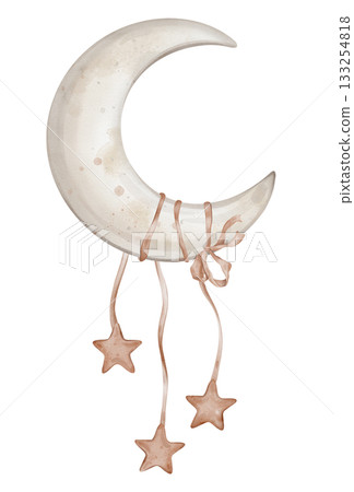 Composition with moon with red stars tied to a ribbon. Hand drawn watercolor illustration in muted tones for Baby shower invitations or nursery wall art. Drawing sky for kids greeting cards. Composition with moon with red stars tied to a ribbon. Hand drawn watercolor illustration in muted tones for Baby shower invitations or nursery wall art. Drawing sky for kids greeting cards. 133254818