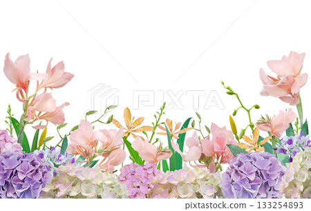 Pastel Hydrangea and Canna Lily Floral Border Arrangement Pastel Hydrangea and Canna Lily Floral Border Arrangement 133254893