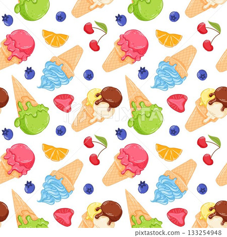 Seamless pattern of ice cream cone with fruit slices and berry in cartoon style. Perfect for summer design, packaging, kids product, fabric and wallpaper decoration. 133254948