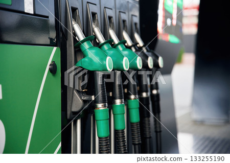 Close up view of various gas pump nozzles 133255190