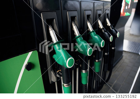 Close up view of various gas pump nozzles 133255192