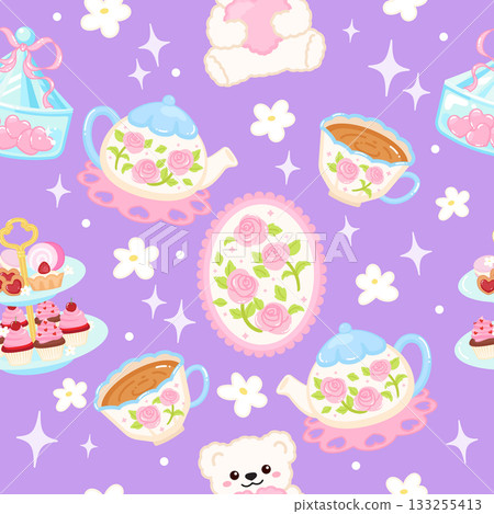 Cute whimsical roses tea party seamless pattern Cute whimsical roses tea party seamless pattern 133255413