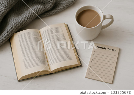 A relaxing reading time with a blanket, book, and cup 133255678