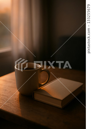 A cup and notebook illuminated by the soft light of dusk 133255679
