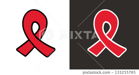 Sticker , label and poster of AIDS AWARENESS MONTH and DAY. Red ribbon symbol of december world aids month. Doodle style red support ribbon isolated on grey and white background. Sticker , label and poster of AIDS AWARENESS MONTH and DAY. Red ribbon symbol of december world aids month. Doodle style red support ribbon isolated on grey and white background. 133255765