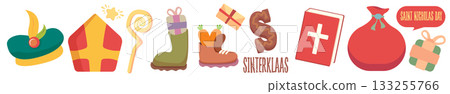 Sinterklaas and Saint Nicholas Day icons set vector illustration, traditional Dutch and Belgian holiday symbols, creative graphic art for greeting cards, invitations, and cultural event decorations 133255766