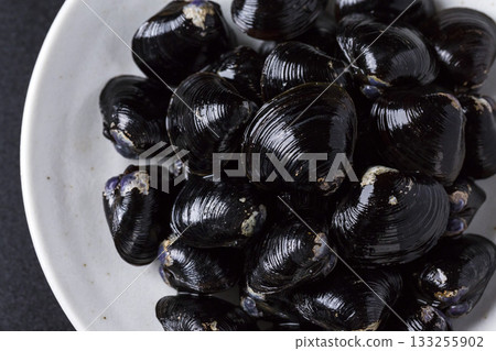 Large Yamato Shijimi clams on a plate against a black background 133255902