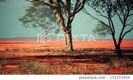 Lone trees stand tall on rich red soil, surrounded by sparse grass and distant hills under a bright blue sky. This tranquil scene captures the beauty of nature in the Australian outback. Lone trees stand tall on rich red soil, surrounded by sparse grass and distant hills under a bright blue sky. This tranquil scene captures the beauty of nature in the Australian outback. 133255934