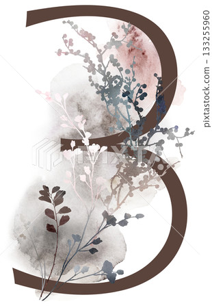 Number 3 with watercolor autumn leaves and grass in borwn tones, winter wedding illustration 133255960