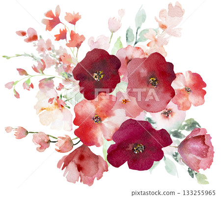 Bouquet with Watercolor pink and red poppy flowers and leaves, pastel wedding isolated illustration 133255965