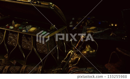 Glimmers of gems and gold coins spill from ornate treasure chests, inviting dreams of adventure in a shadowy space. This hidden bounty reflects tales of pirates and explorations long past. 133255988
