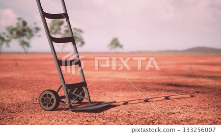 A metal garden cart stands alone on cracked, dry soil at a remote location. Bright sunlight casts a long shadow, highlighting the carts details and the desolate terrain surrounding it. A metal garden cart stands alone on cracked, dry soil at a remote location. Bright sunlight casts a long shadow, highlighting the carts details and the desolate terrain surrounding it. 133256007