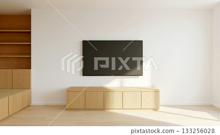 Living room with wall-mounted TV and built-in shelves. Housing materials. 133256028