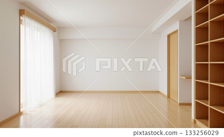 Bright, natural, modern living room with natural light streaming in. Housing materials. 133256029