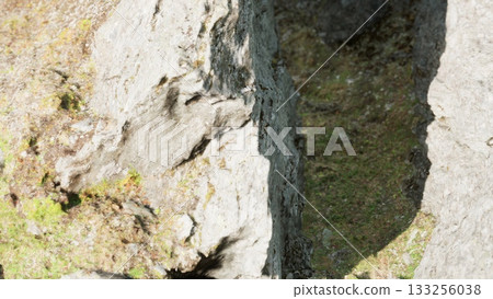 In the heart of a rugged terrain, sunlight casts shadows on moss covered rocks. The scene showcases the beauty of natures formations and the serenity of the outdoors. 133256038