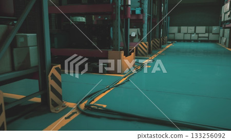 In a spacious warehouse, neatly arranged shelves hold various boxes. A path marked by yellow lines leads deeper into the facility. Cables lie along the floor, connecting different areas. 133256092