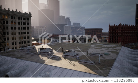 High above the bustling city streets, the rooftops shine under golden light. Skyscrapers rise in the background, capturing the movement of an urban landscape at sunset. 133256093