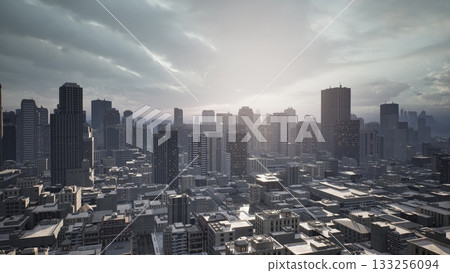 A stunning cityscape emerges at dawn as sunlight breaks through the clouds, illuminating tall buildings covered in a soft layer of snow. The scene is tranquil and captivating. A stunning cityscape emerges at dawn as sunlight breaks through the clouds, illuminating tall buildings covered in a soft layer of snow. The scene is tranquil and captivating. 133256094
