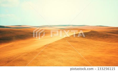 Vast sandy dunes rise and fall gently under a brilliant blue sky. The sunlight casts warm hues over the landscape, creating a serene desert scene. Nature exudes calm beauty. 133256115