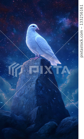 White dove perched on rock under starry night sky, mystical atmosphere. nature and spirituality concept 133256161