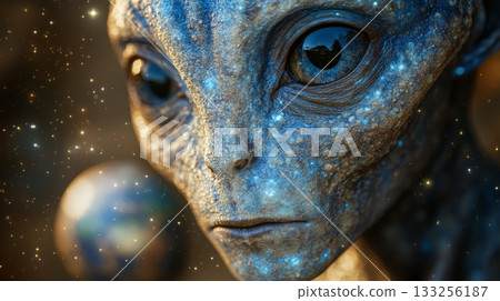 Alien with glowing blue skin against starry space background, science fiction and extraterrestrial life concept Alien with glowing blue skin against starry space background, science fiction and extraterrestrial life concept 133256187
