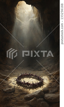 Crown of thorns on the cave floor with sunlight streaming through an opening, symbolic and spiritual atmosphere Crown of thorns on the cave floor with sunlight streaming through an opening, symbolic and spiritual atmosphere 133256188