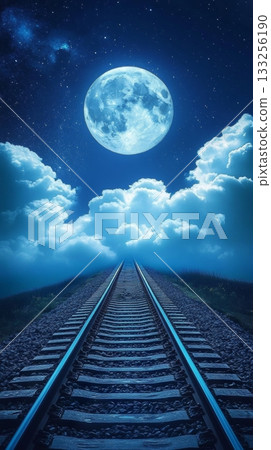 Railroad under full moon with clouds at night, mystical evening journey concept Railroad under full moon with clouds at night, mystical evening journey concept 133256190