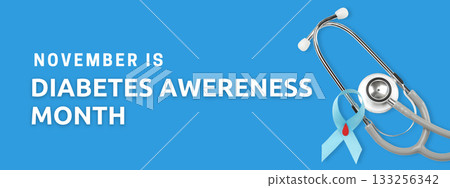 Teal ribbon for diabetes with stethoscope on blue 133256342