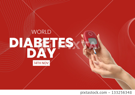 Hands with a red glucose monitor on red background Hands with a red glucose monitor on red background 133256348