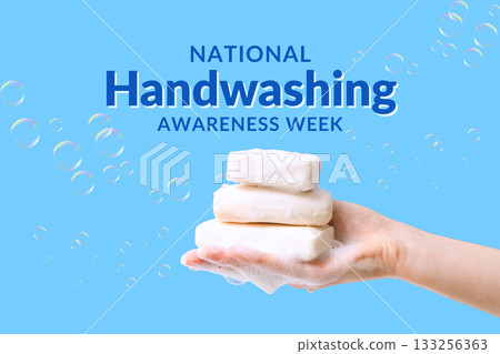 Hand holding three bars of soap surrounded by bubbles Hand holding three bars of soap surrounded by bubbles 133256363