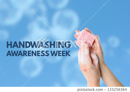 Hands covered in soap demonstrating proper handwashing technique 133256364