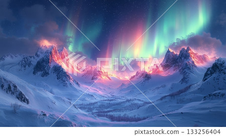 Snowy mountains with vibrant northern lights in winter night, beautiful aurora borealis and starry sky. Natural wonder and breathtaking landscape concept Snowy mountains with vibrant northern lights in winter night, beautiful aurora borealis and starry sky. Natural wonder and breathtaking landscape concept 133256404
