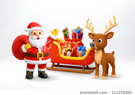 3d Santa Claus waving next to reindeer with sleigh 133256860