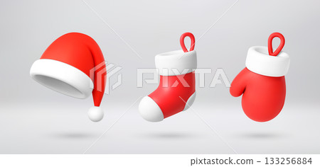 3D Red santa hat, christmas stocking and mitten. 133256884