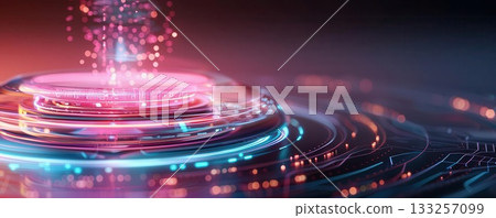 Abstract glowing neon rings and particles in vibrant pink and blue colors. Abstract glowing neon rings and particles in vibrant pink and blue colors. 133257099