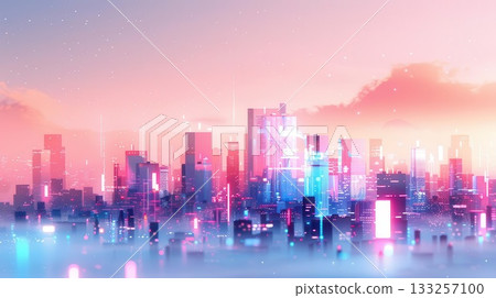Futuristic cityscape with glowing lights and pink and blue sky Futuristic cityscape with glowing lights and pink and blue sky 133257100