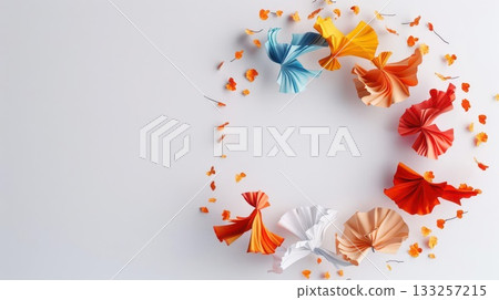 Colorful paper curls arranged in a circle on a white background, creating a frame. 133257215